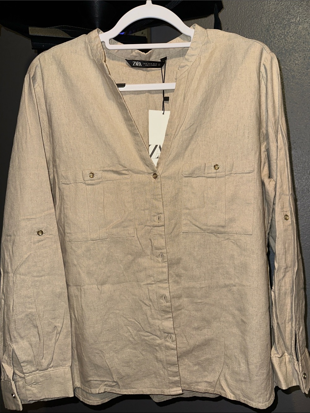 Zara Sand Beige Button-Front Utility Blouse